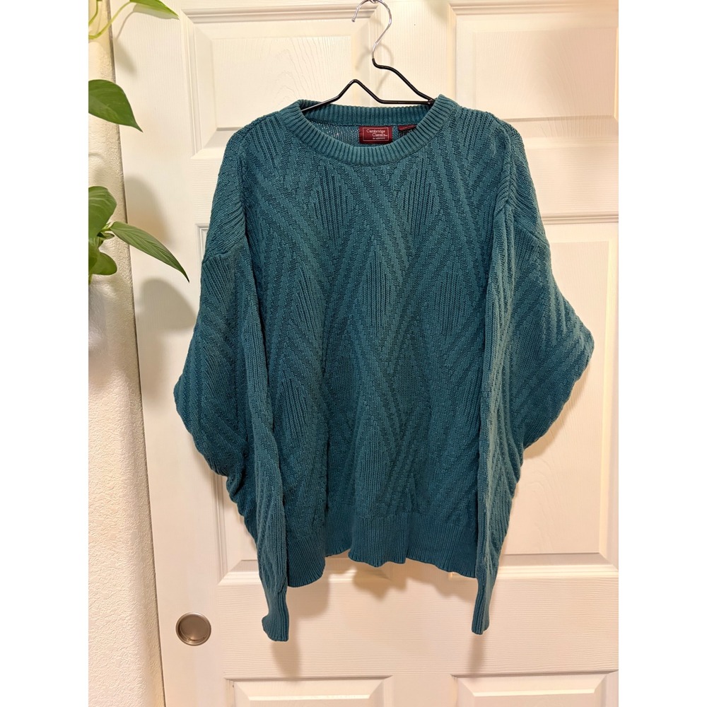 Cambridge Classics Mervyns Vintage Teal Cotton Knit Sweater XL Diamond Pattern